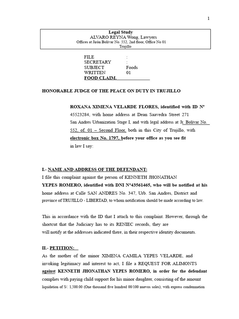 DEMAND FOR ALIMONY ROXANA VELARDE - Docx123333 | PDF