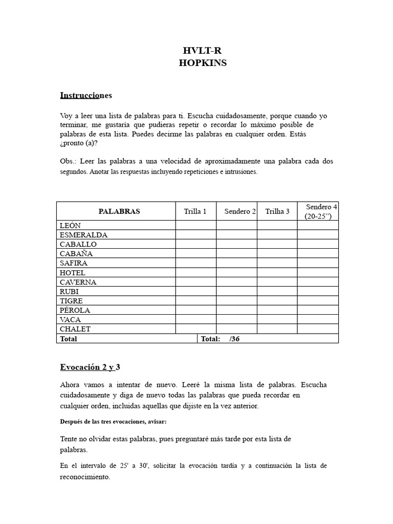 HVLT-Instrucciones de Aplicación | PDF