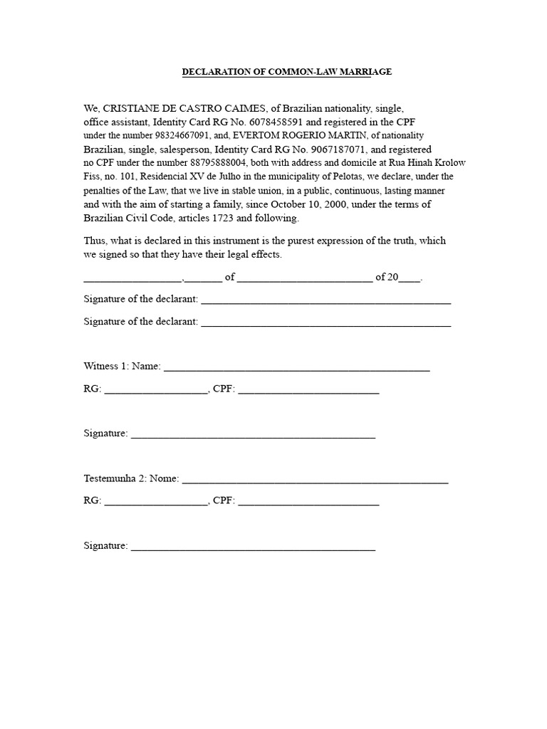 DECLARATION OF COMMON-LAW MARRIAGE | PDF