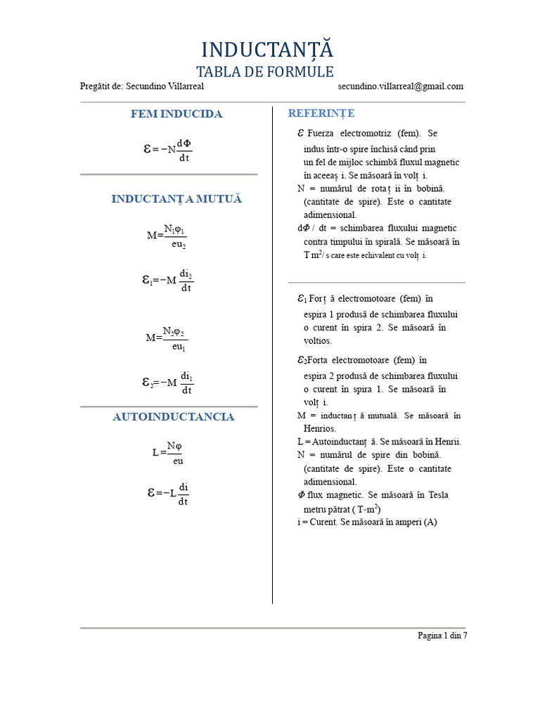 Inductanță-Tabela Formulelor | PDF