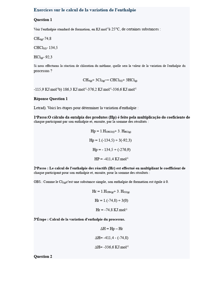 Variation d'enthalpie en chimie | PDF | Enthalpie | Réaction d ...