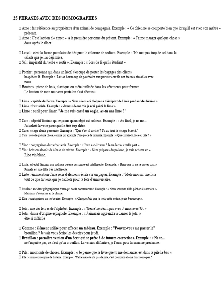 25 Phrases avec Homographes et Homonymes | PDF