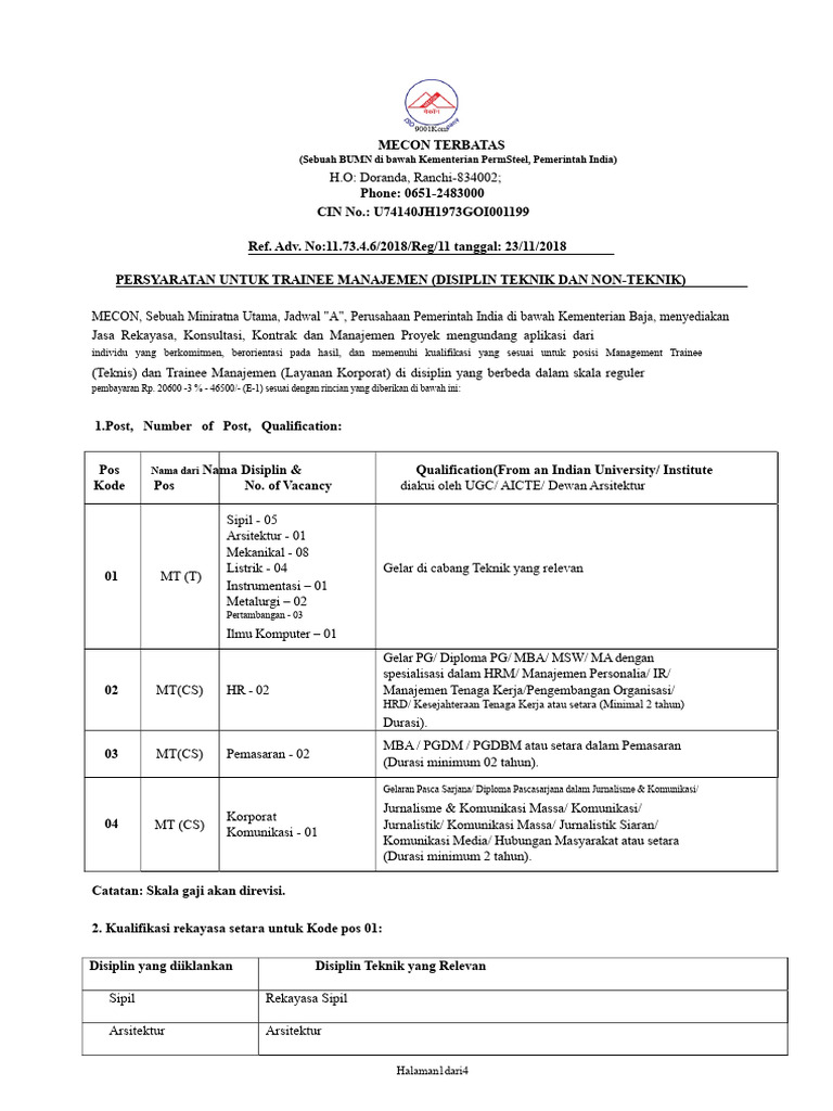 Lowongan Trainee Manajemen di MECON | PDF