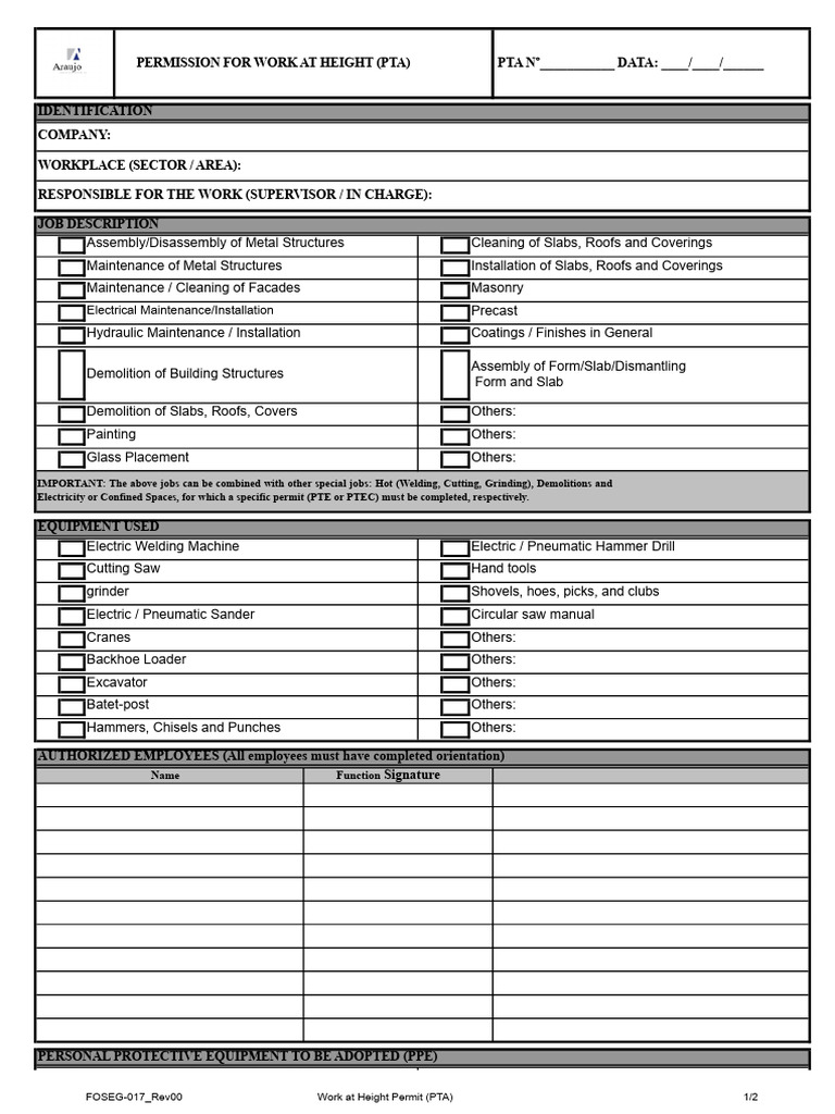 Work at Height Permit Checklist | PDF | Personal Protective Equipment ...