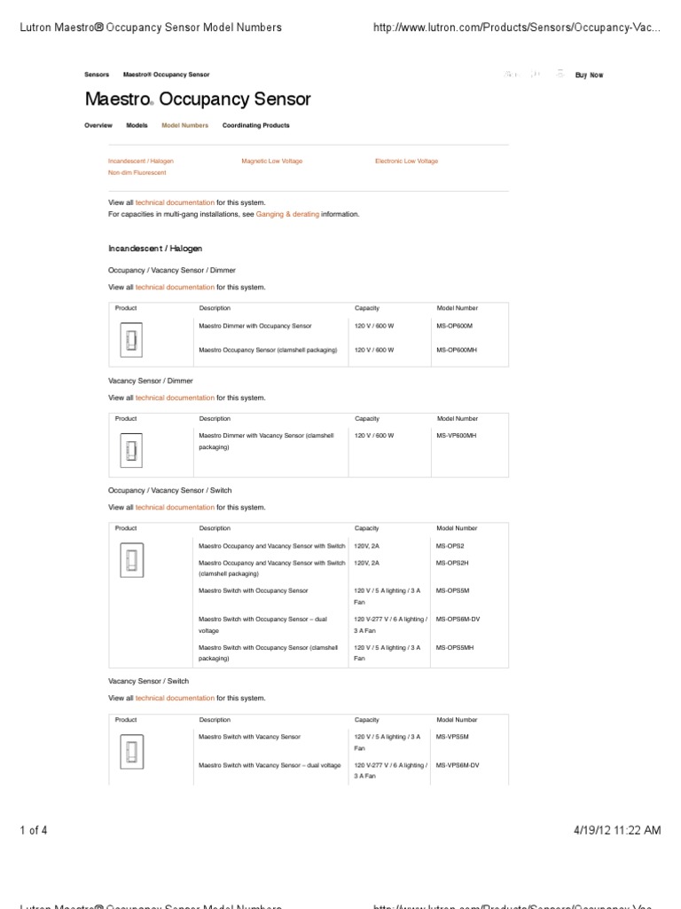 Lutron Maestro® Occupancy Sensor Model Numbers | Switch | Fluorescent Lamp