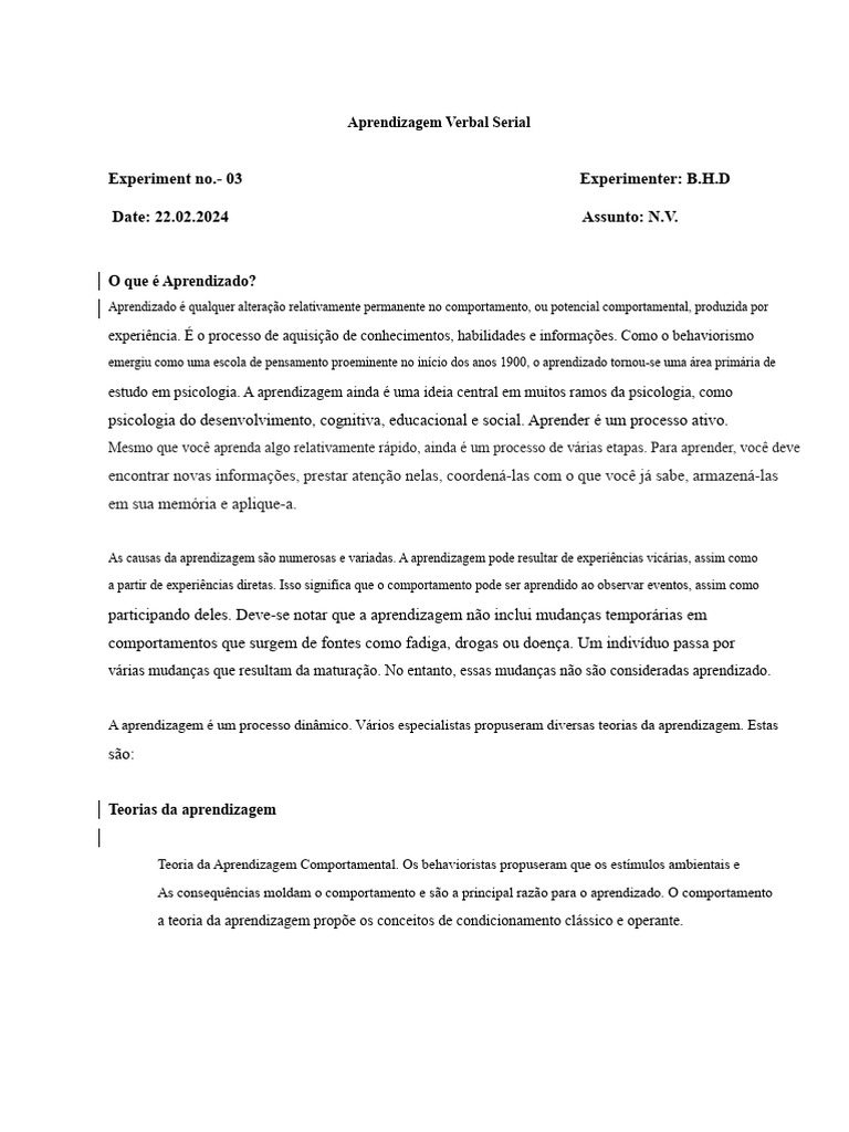 Teorias e Estilos de Aprendizagem Verbal | PDF | Aprendizado | Behaviorismo
