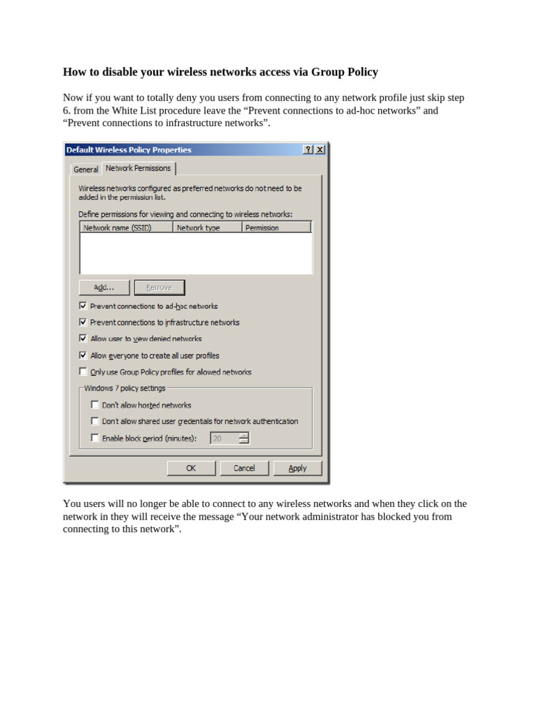 Disable Wireless Network Access via GPO | PDF