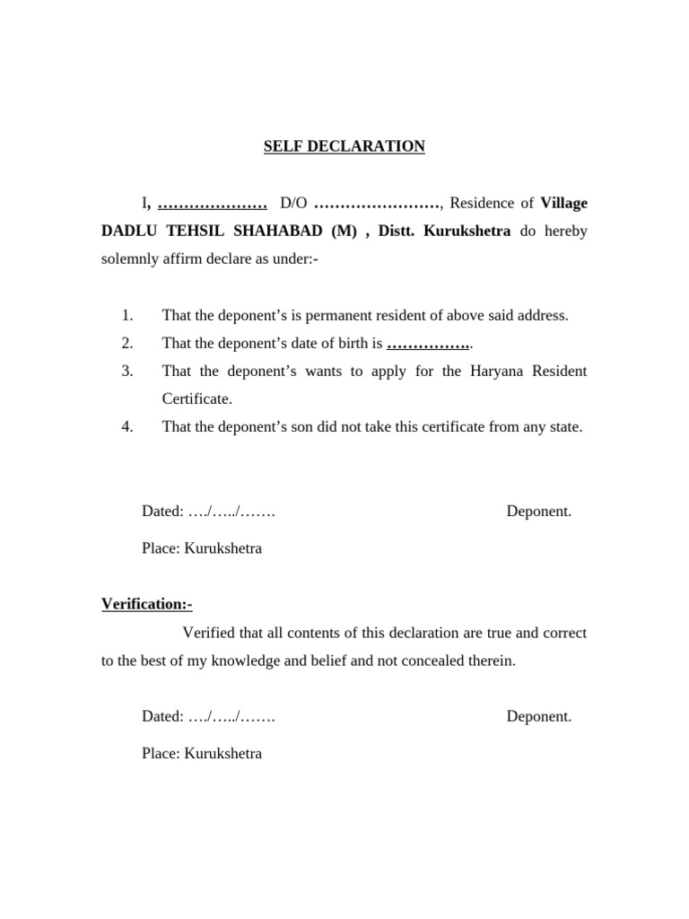 Haryana Resident Certificate Declaration | PDF