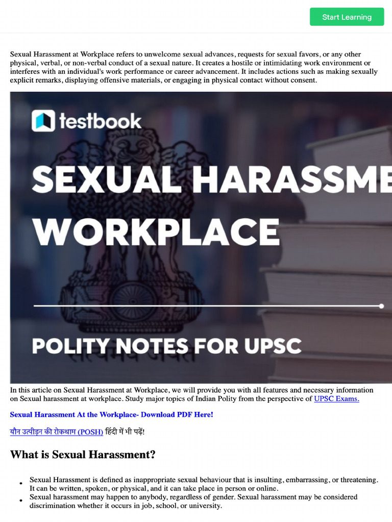 Sexual Harassment at Workplace UPSC Notes PDF Download | PDF