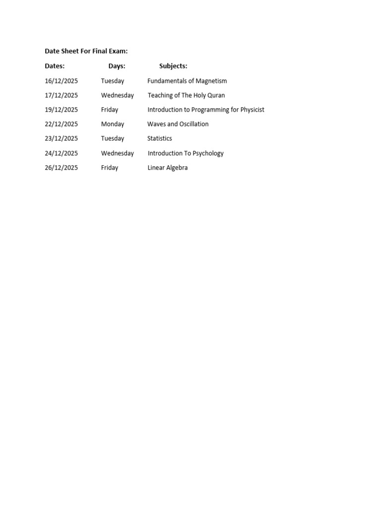 Date Sheet For Final Exam | PDF
