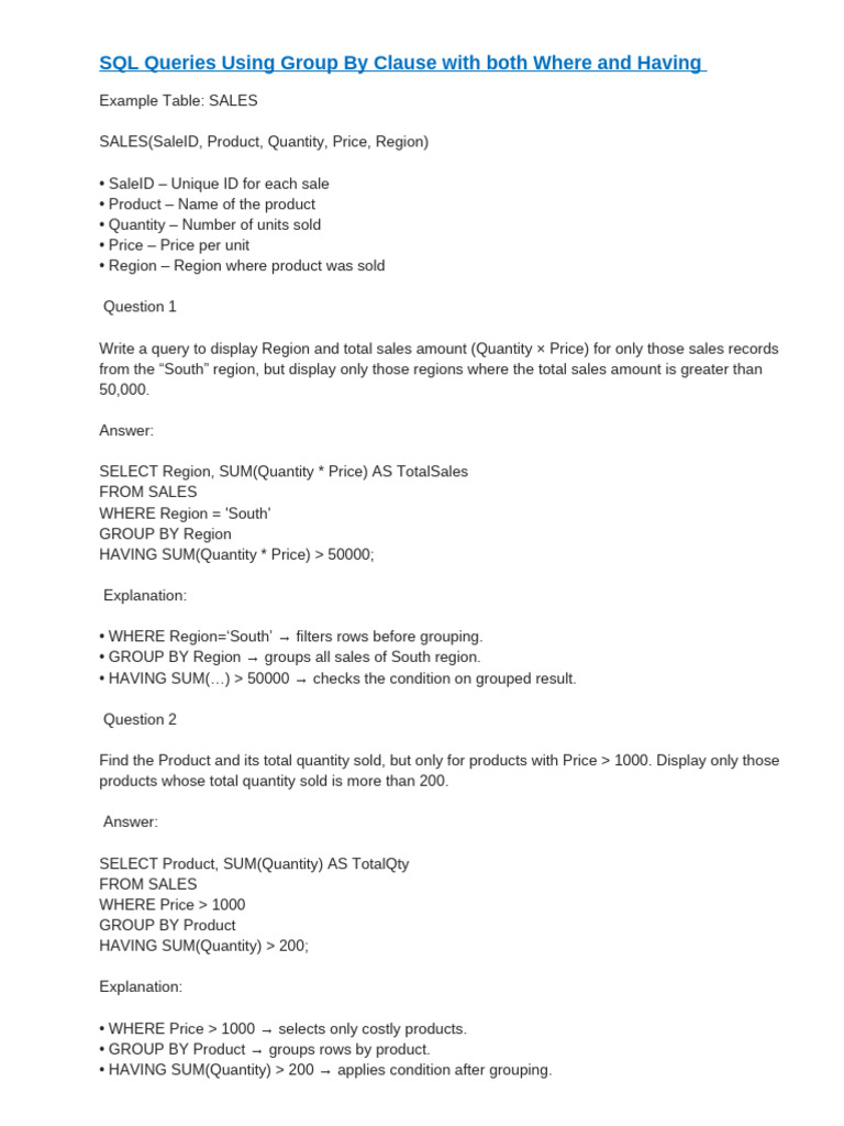 SQL Group By with Where and Having | PDF