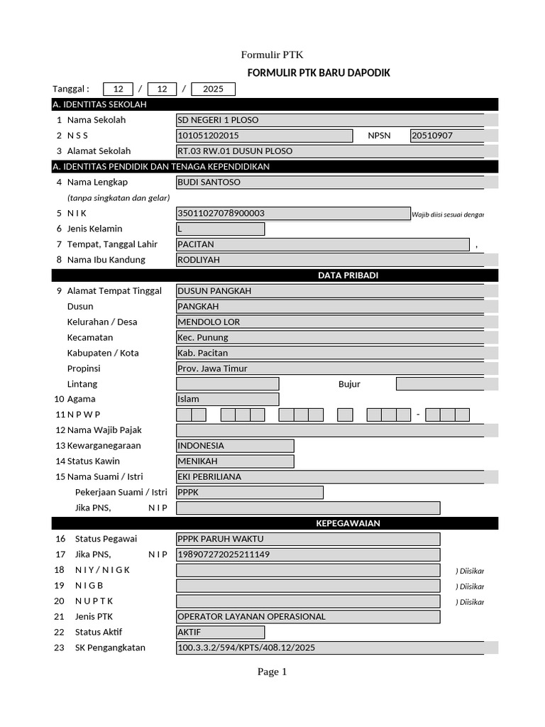 Formulir PTK SD Negeri 1 Ploso | PDF