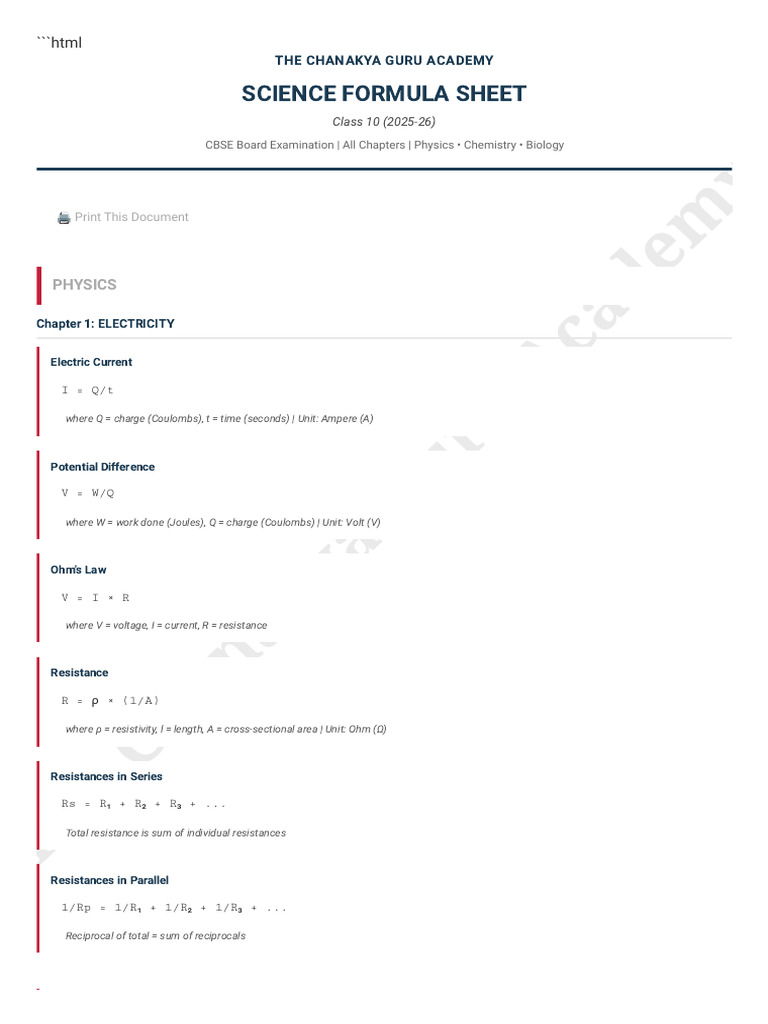 Class 10 Science Formula Sheet | PDF | Alkene | Alkane