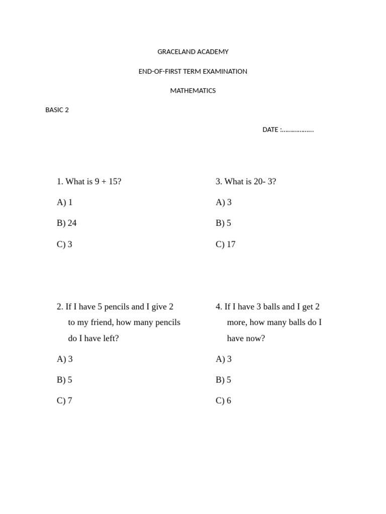 Basic 2 Mathematics Exam Questions | PDF | Chess Theory | Chess