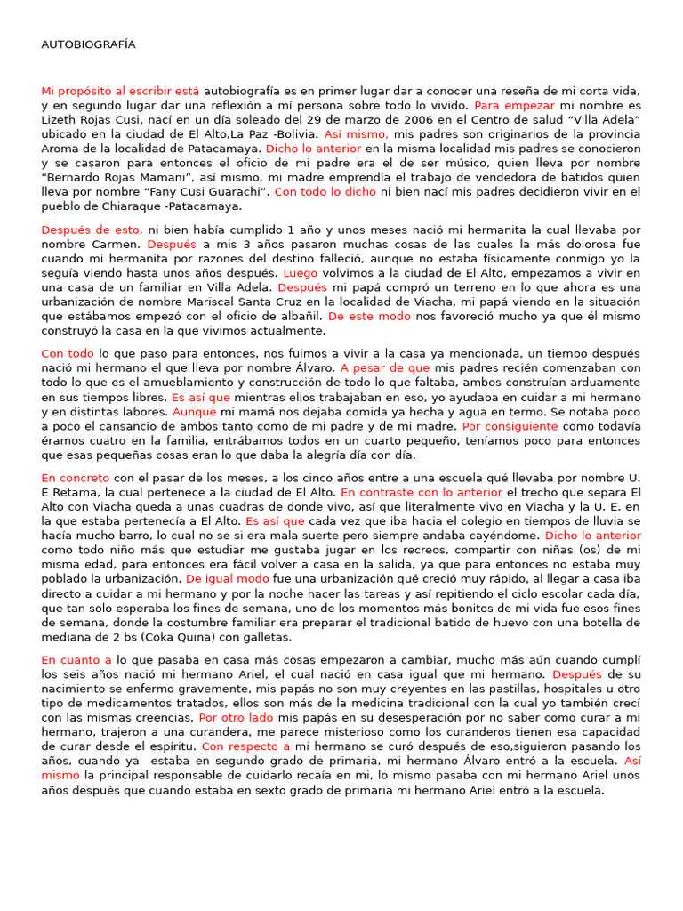 Autobiografía de Lizeth Rojas Cusi | PDF