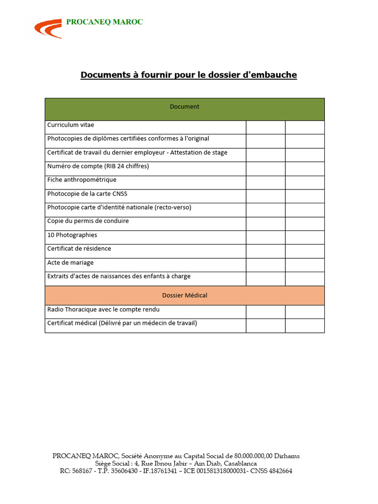 Documents requis pour l'embauche chez PROCANEQ | PDF