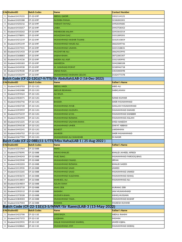 Student Batch Codes and Details | PDF