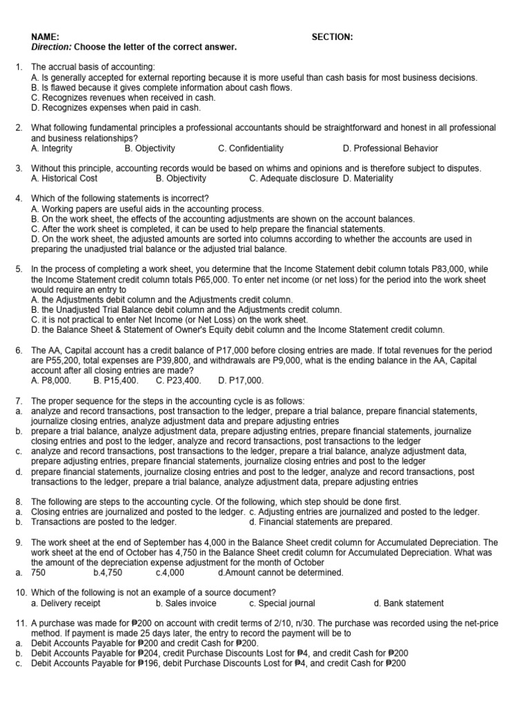Accounting Principles and Cycle Quiz | PDF | Debits And Credits | Expense