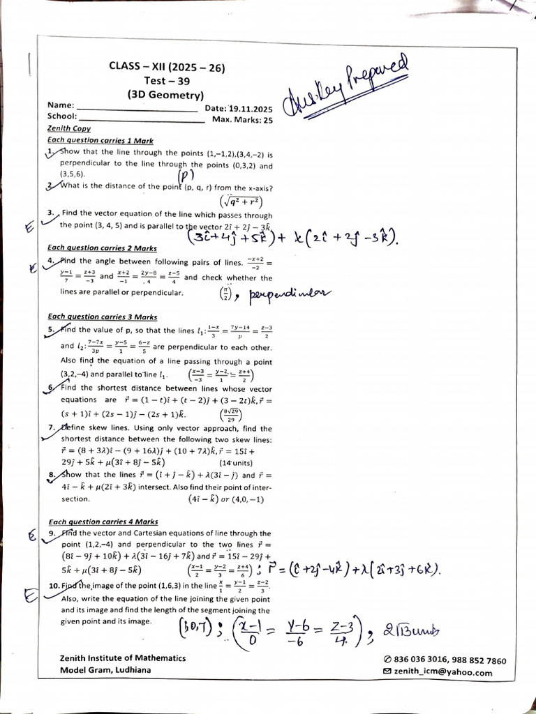 Ans. Key of 3D Geometry Class XII | PDF