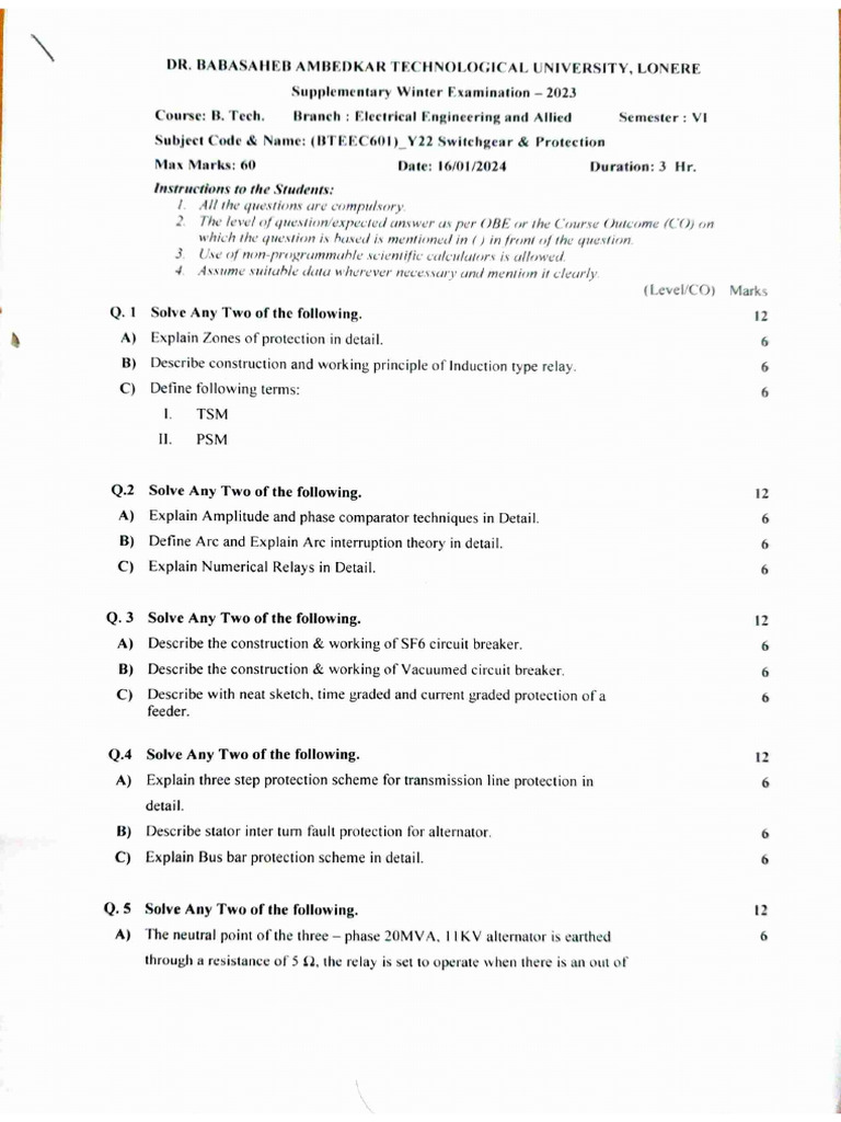Switchgear and Protection DBATU Question Paper W-2023 | PDF