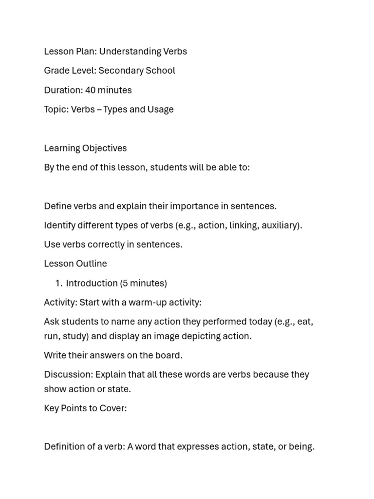 Lesson Plan On Verbs | PDF