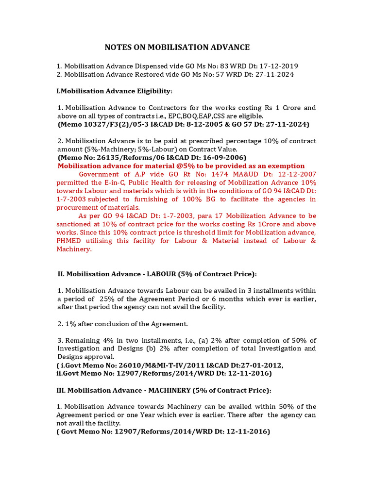 Mobilisation Advance Guidelines for Contractors | PDF | Joint Venture ...