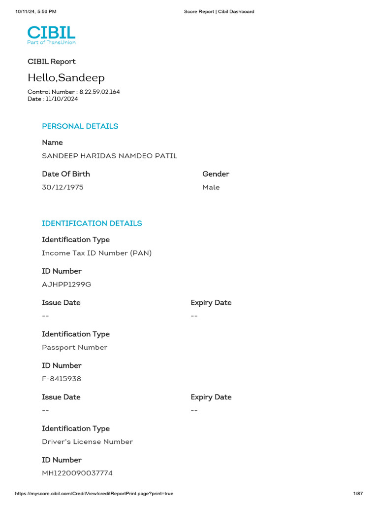 CIBIL Report for Sandeep Patil | PDF | Credit | Finance & Money Management