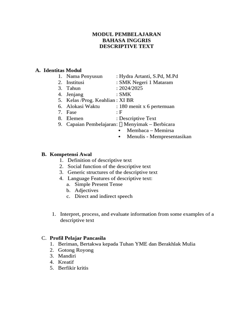 Modul Pembelajaran Descriptive Text SMK | PDF