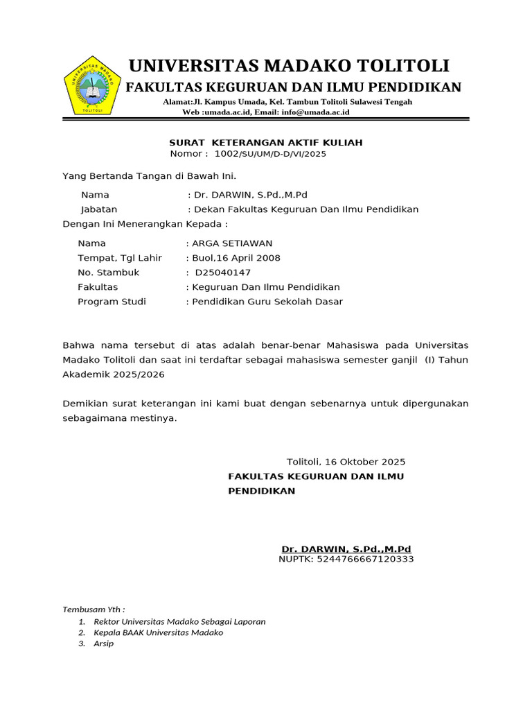Surat Keterangan Aktif Kuliah UMADAKO | PDF