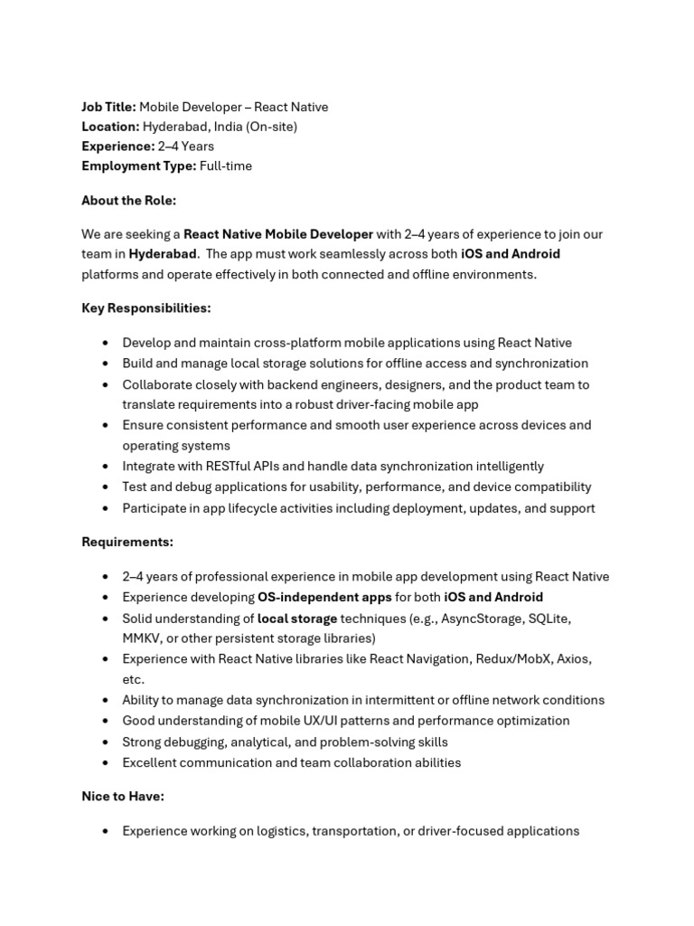 React Native Mobile Developer Job in Hyderabad | PDF