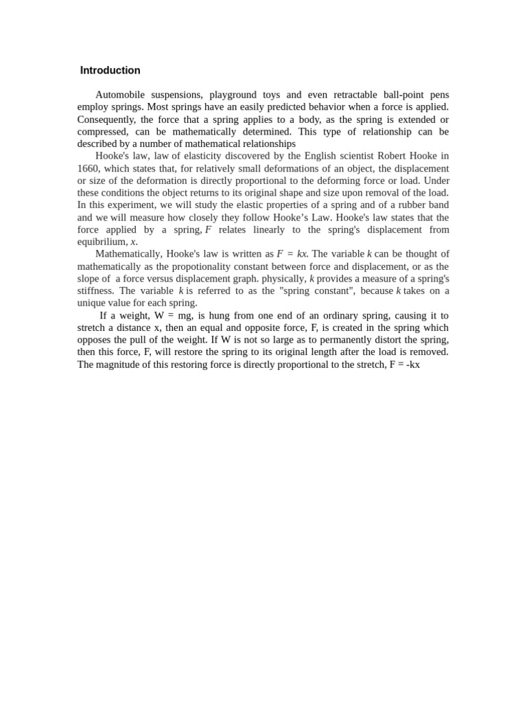 Hooke's LawIntroduction | PDF | Force | Elasticity (Physics)