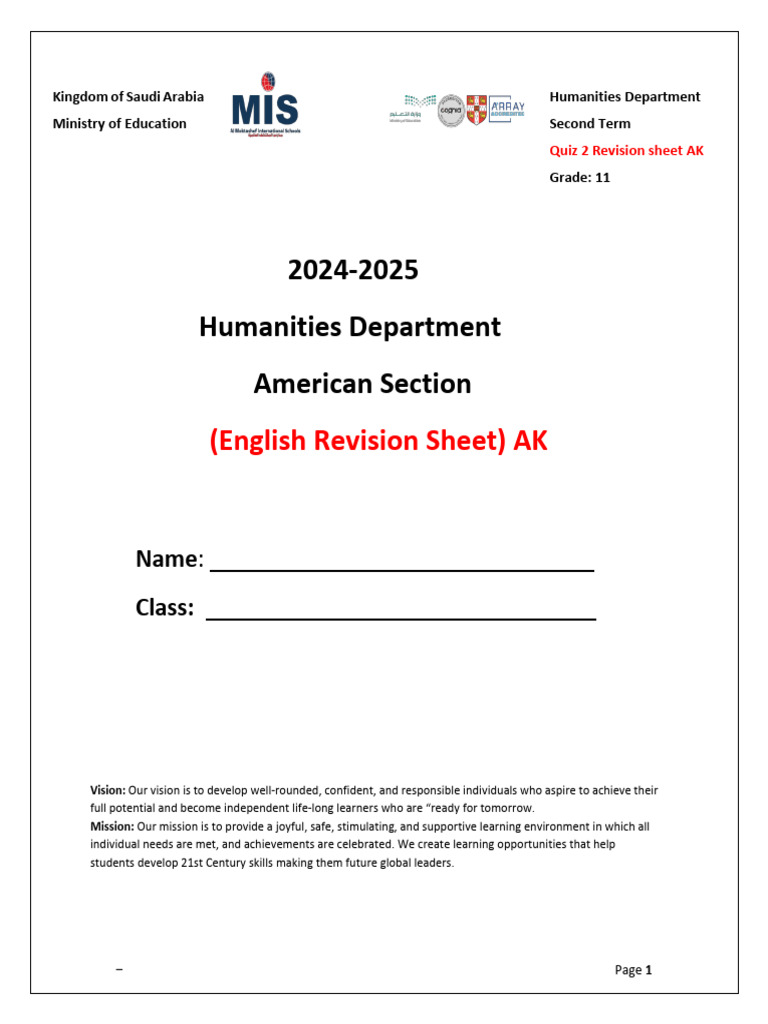 Grade 11 English Revision Sheet | PDF