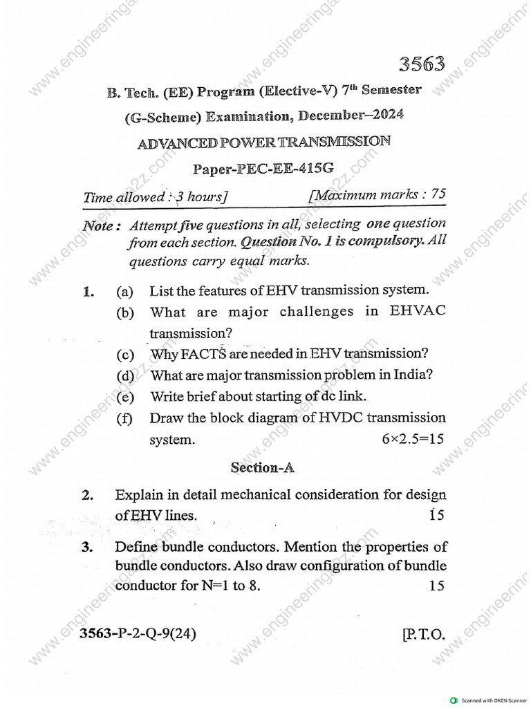 BTech Electrical Engineering 7th Semester Papers Dec 2024 | PDF