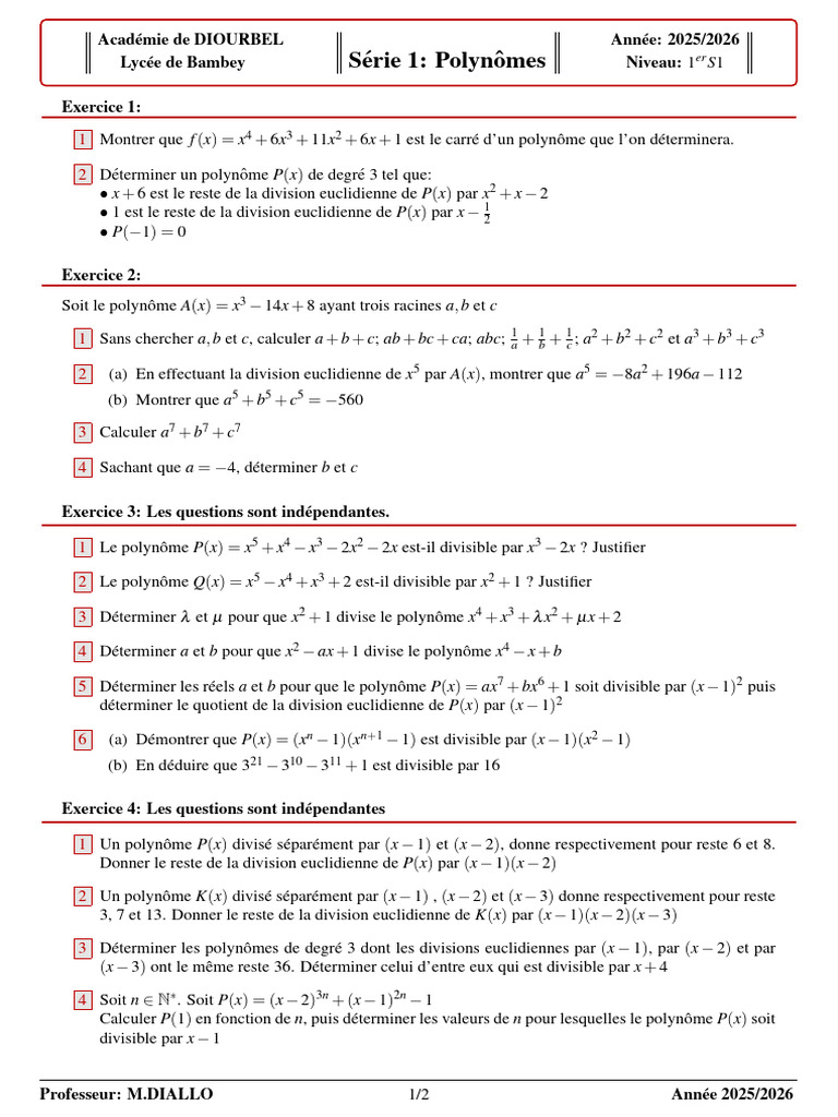 Exercices de Polynômes - Année 2025/2026 | PDF | Polynôme | Zéro d'une ...