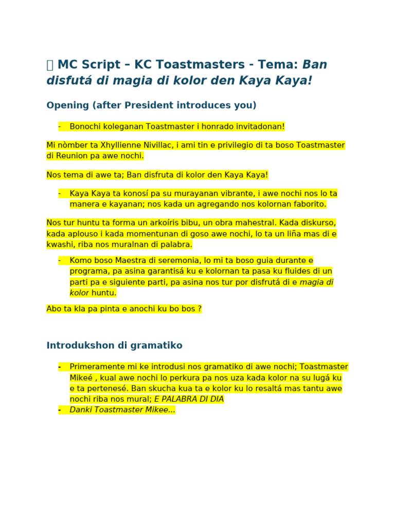? MC Script - KC Toastmasters (Theme Ban Disfutá Di Magia D | PDF