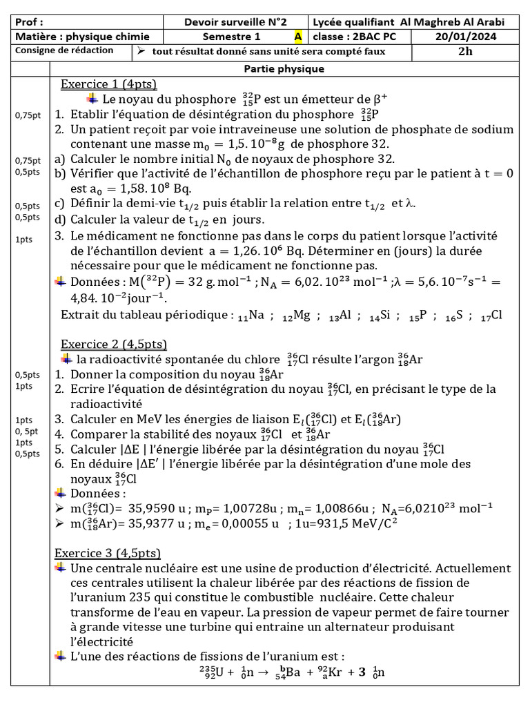 Devoir de physique-chimie 2BAC PC 2024 | PDF | Fission nucléaire ...