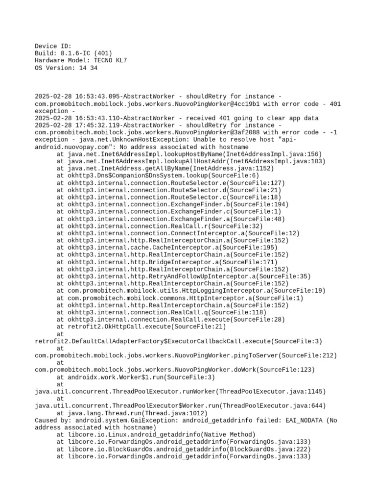 TECNO KL7 Error Log Analysis | PDF | Java (Programming Language ...