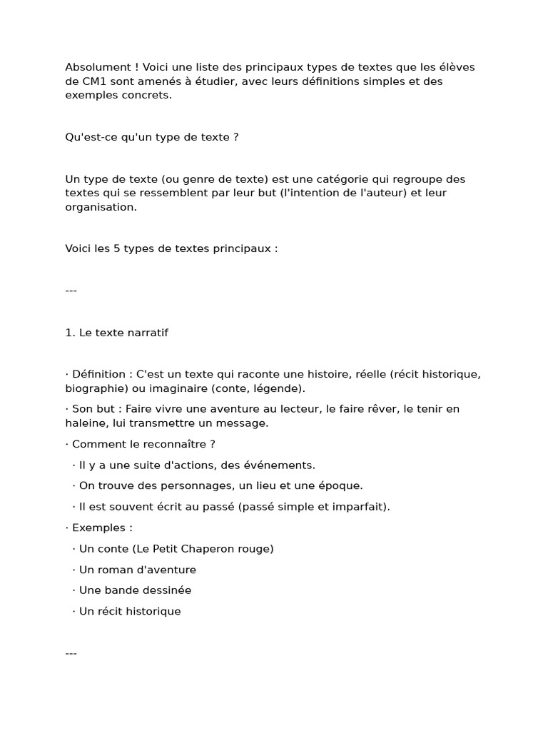 Types de textes pour élèves de CM1 | PDF