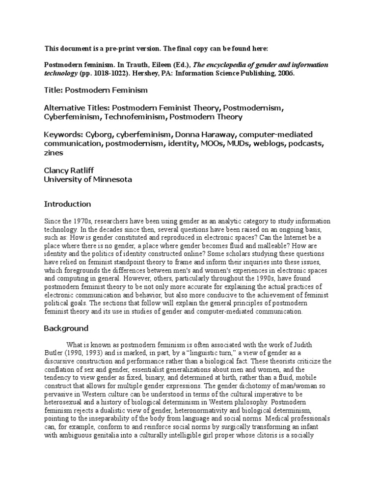 Postmodern Feminism PDF Gender Role Feminism