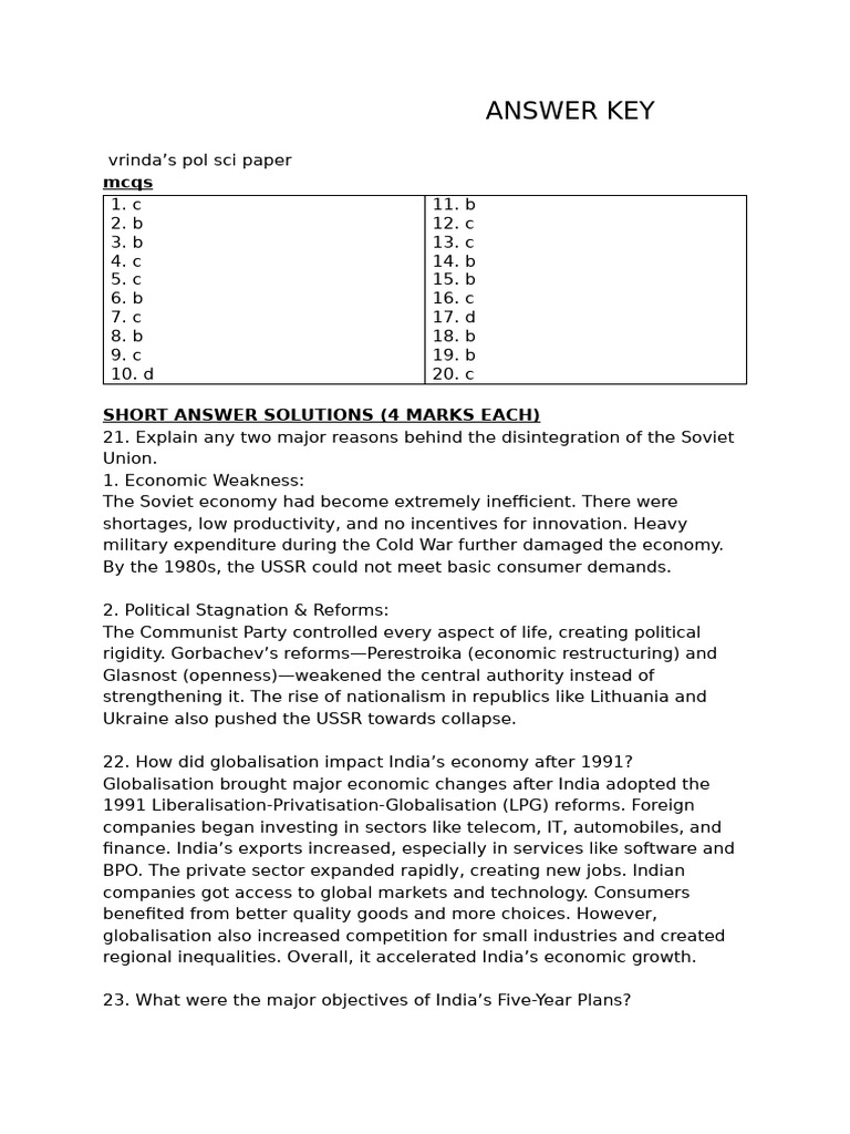 Vrinda Pol Sci 1 Answer Key | PDF | Indian National Congress | Polarity ...
