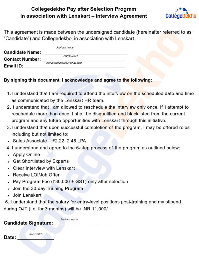 Collegedekho Lenskart Interview Agreement | PDF