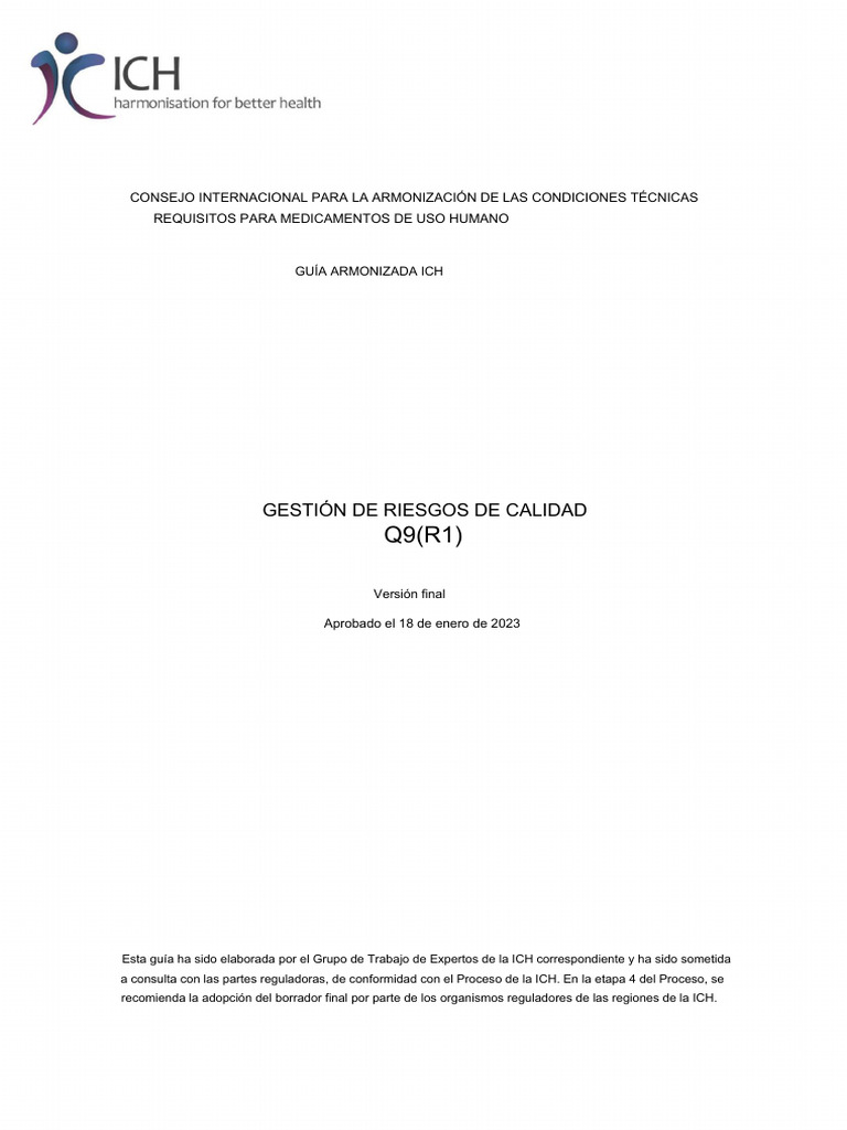 Gestión de Riesgos de Calidad ICH Q9(R1) | PDF | Riesgo | Toma de ...