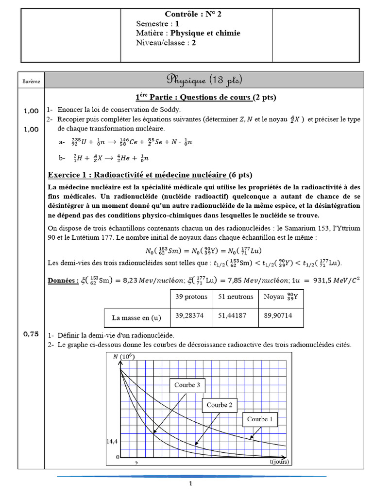 Contrôle de Physique-Chimie 2 BAC PC | PDF | Radioactivité | Physique