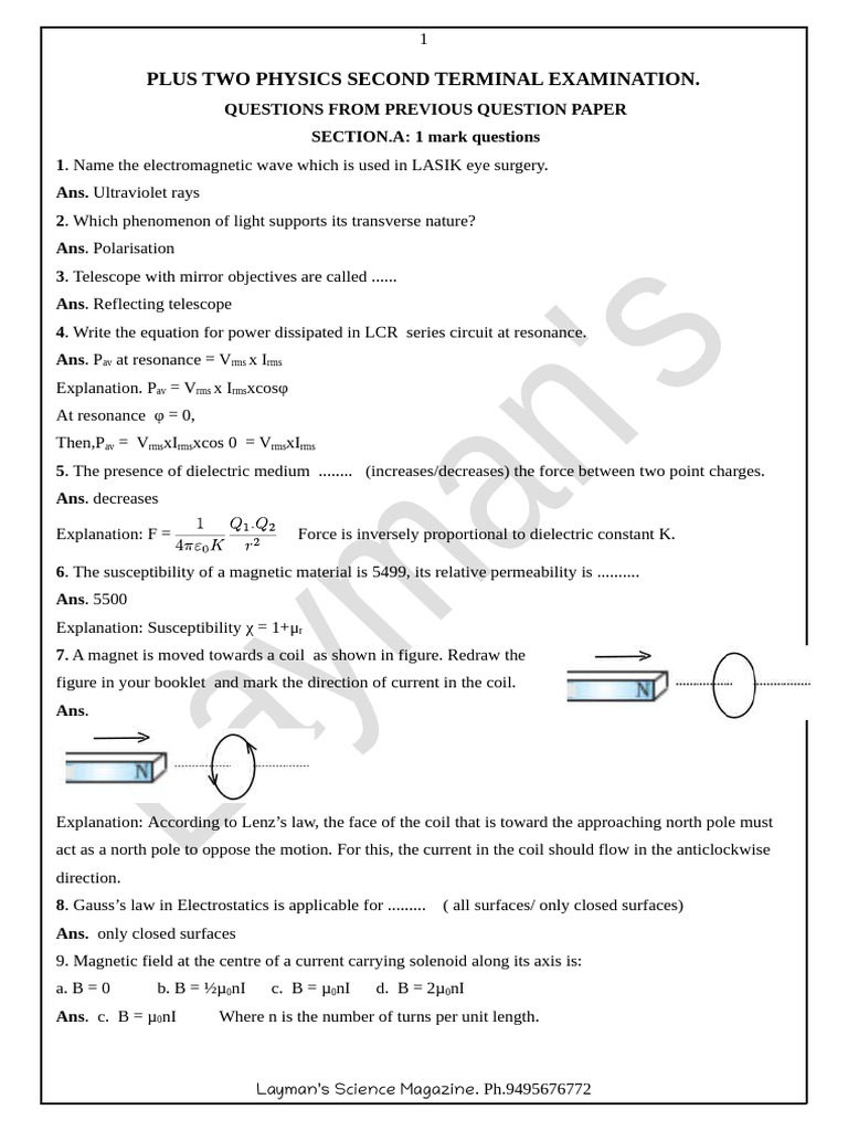 Plus Two Physics Exam Questions Guide | PDF | Dielectric | Magnetic Field