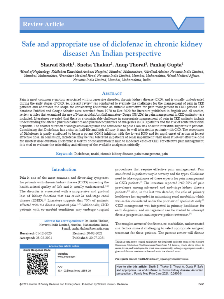Safe and Appropriate Use of Diclofenac in Chronic Kidney | PDF ...