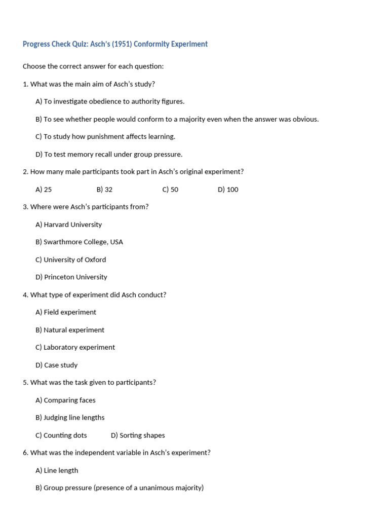 Asch's Conformity Experiment Quiz | PDF | Conformity | Experiment
