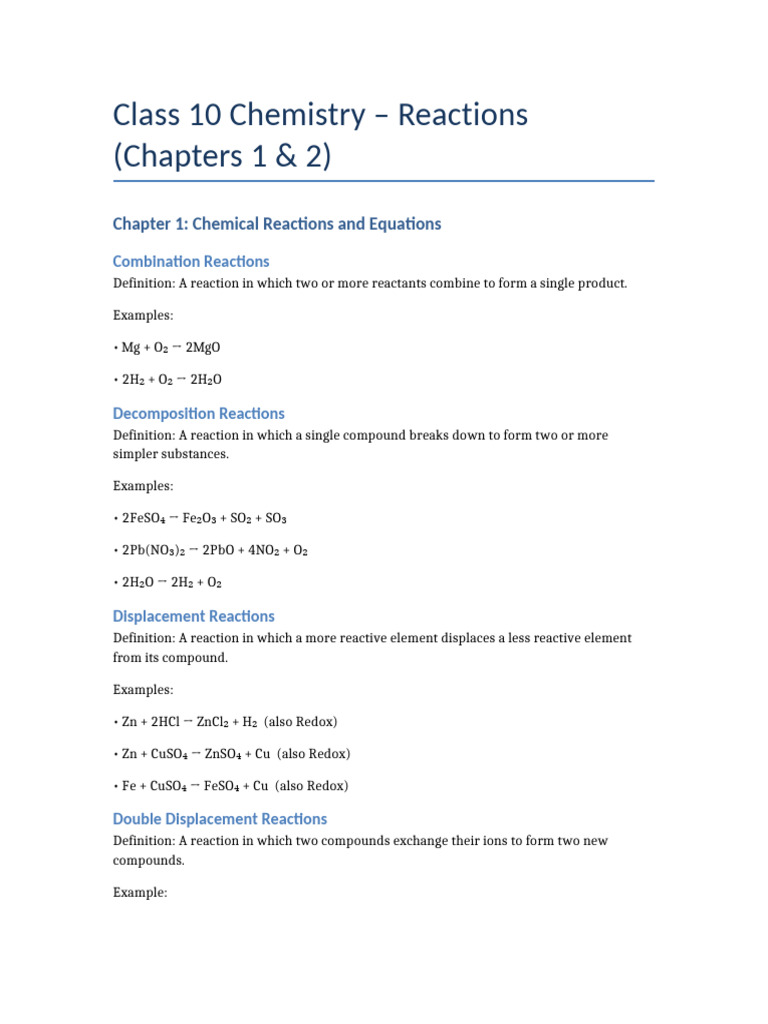 Class10 Chemistry Reactions With Definitions | PDF | Chemical Reactions ...