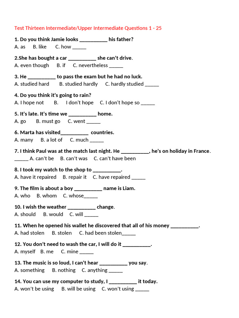 Intermediate English Test Questions 1-25 | PDF