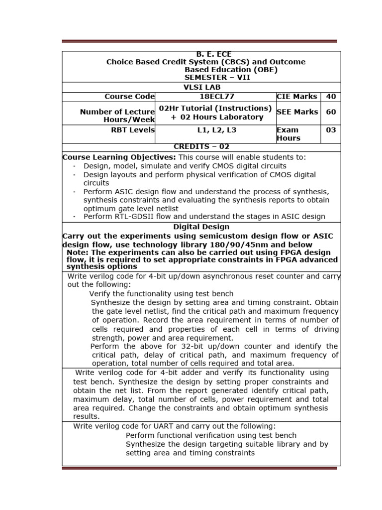 VLSI Lab Course Overview and Experiments | PDF | Hardware Description ...