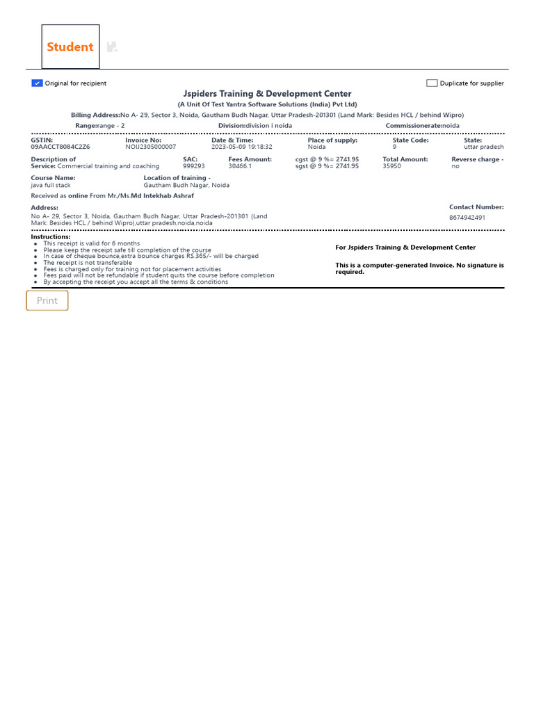 Jspiders Training Invoice for Java Course | PDF | Receipt | Business